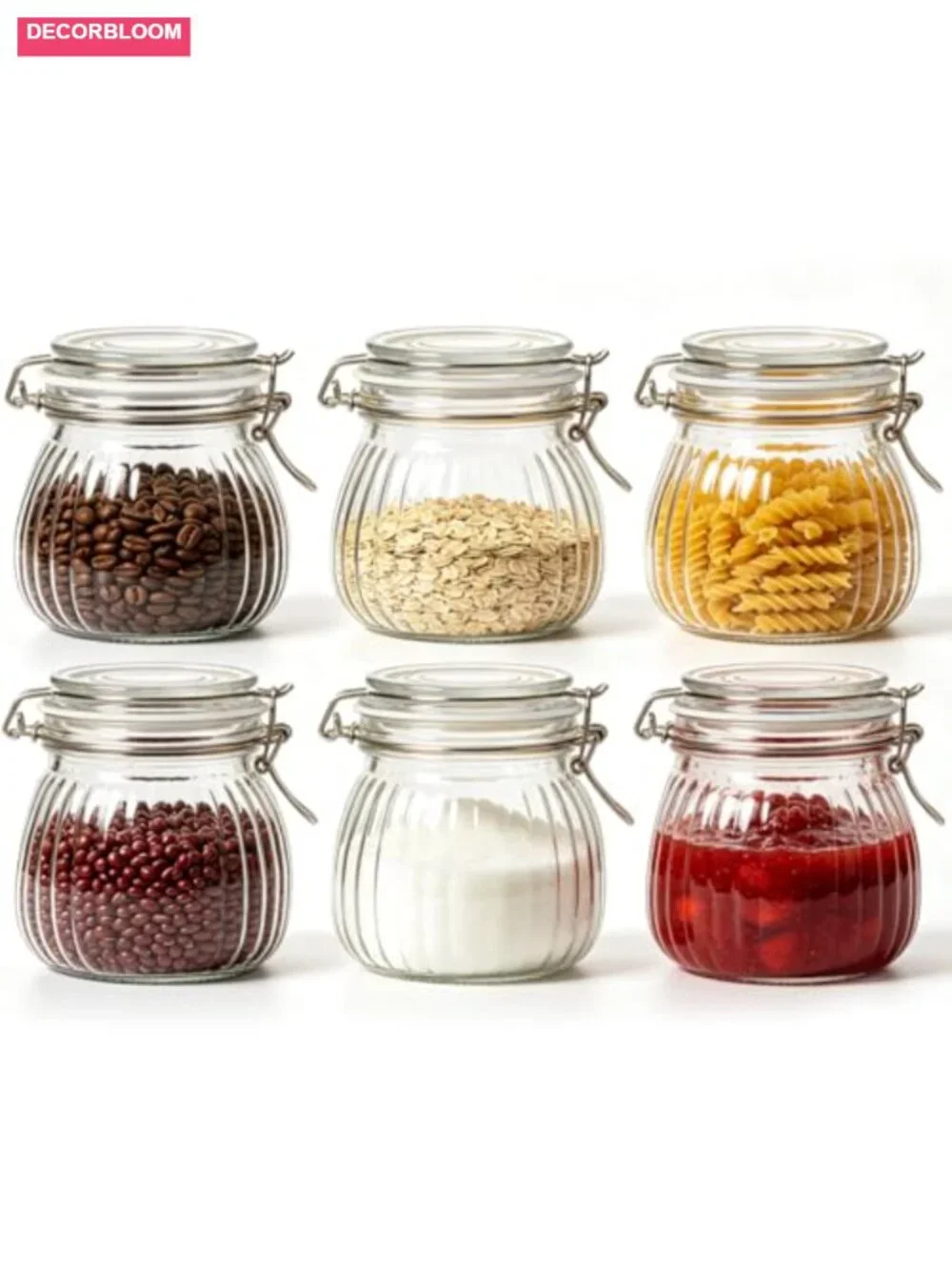 6-Pack 17oz Ribbed Glass Storage Jars with Airtight Clamp Lids